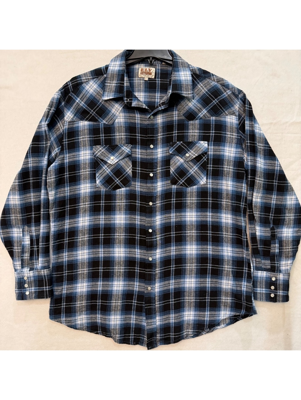 Ely Cattleman Western Pearl Snap Flannel Shirt Men's XLT Tall Man Blue Plaid